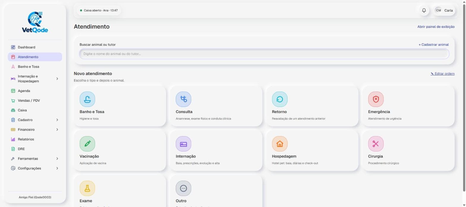 Tela real do VetQode: novo atendimento com os tipos de serviço