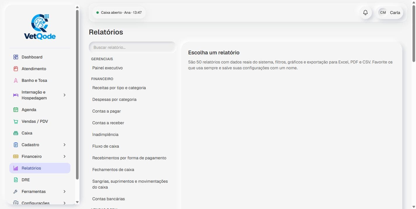 Tela real do VetQode: central de relatórios